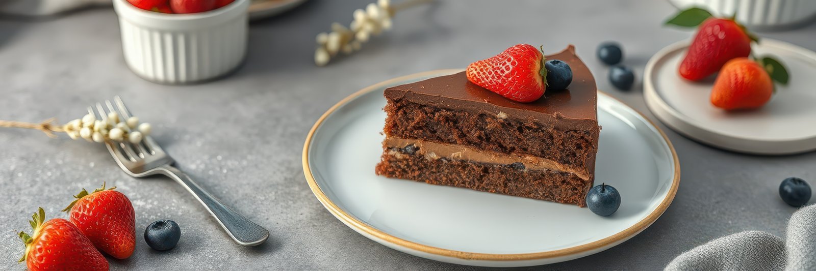 Delicious chocolate cake slice topped with fresh strawberries and blueberries on a grey table setting